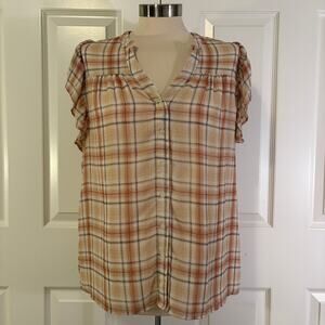 Loft Plaid Cap Flutter Sleeve Lined Blouse Womens Large